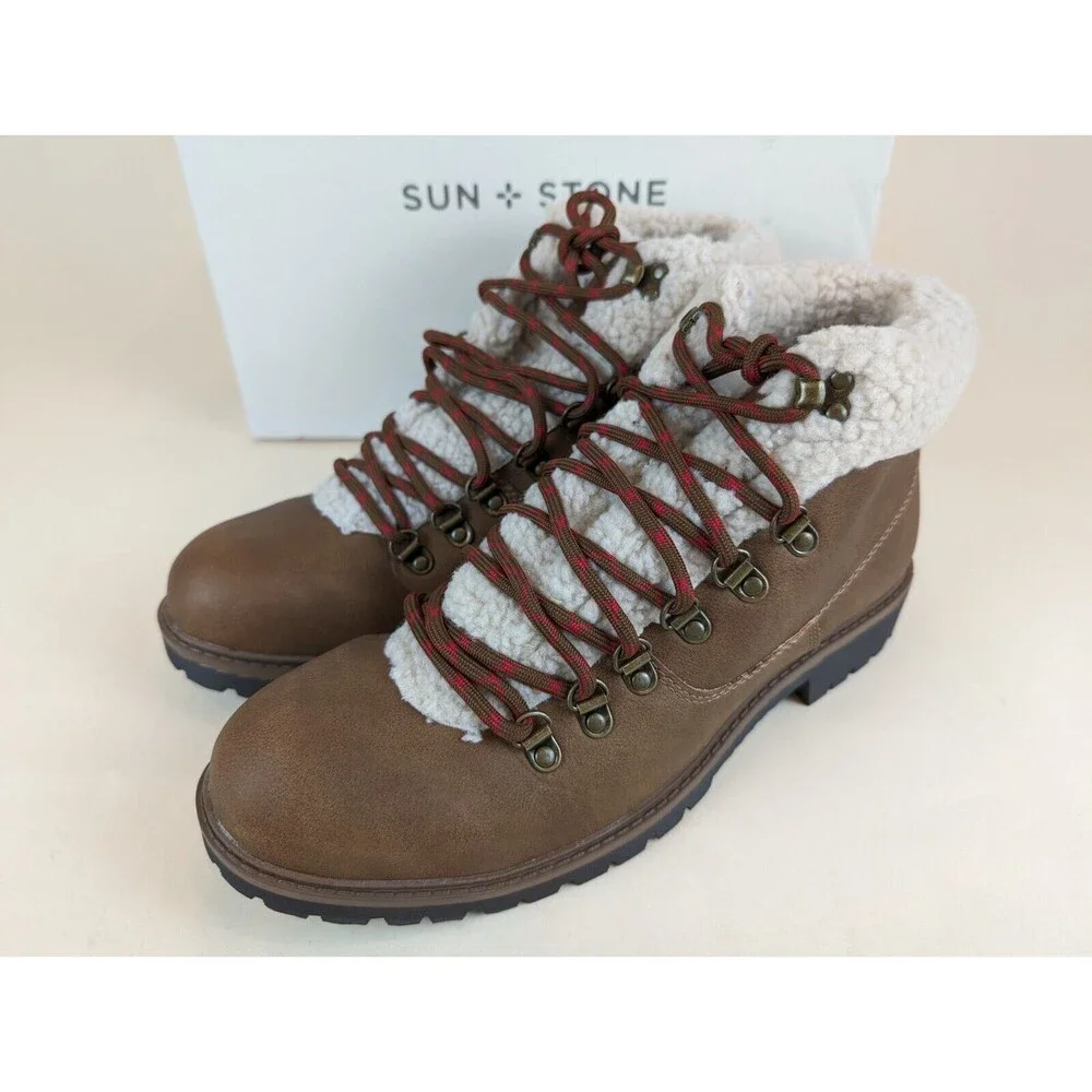 Sun Stone Glenn Lace Up Boots Mens 10 M Tan Faux Leather Fleece Shoes NWB